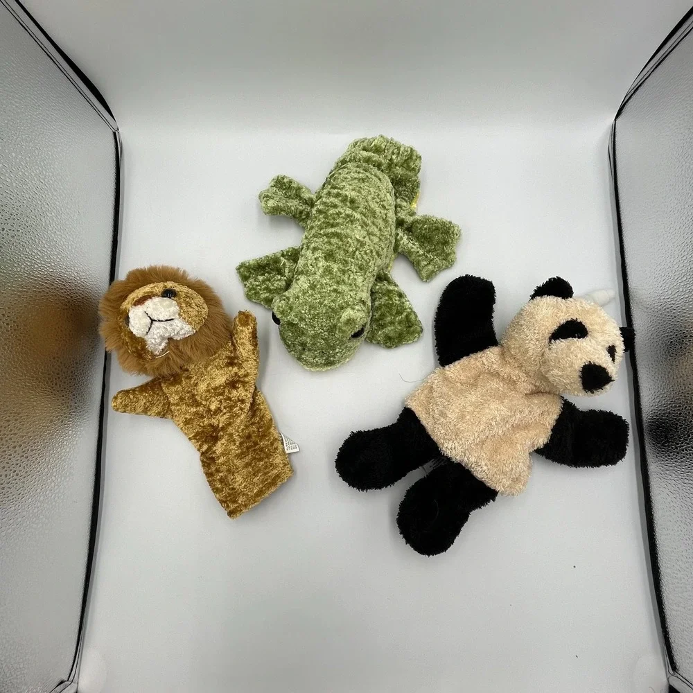 Lot of 3 Animal Hand Puppets Furry Plush Lion Panda Frog, Woods Forest Mountains
